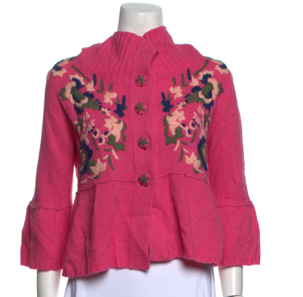 galliano embroidered floral pink flutter bell sleeve peplum sweater button